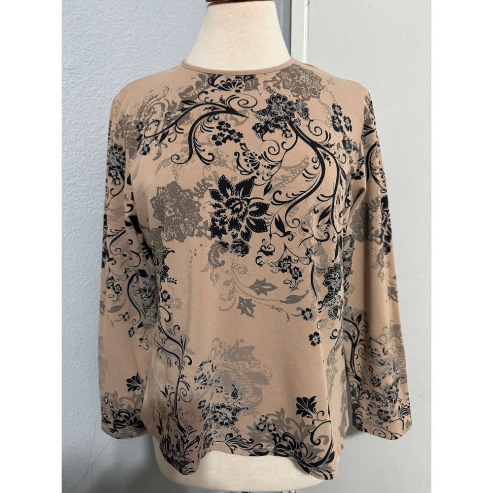 Koret Cotton Blend Top Size L Womens Tan Floral Scroll Long Sleeve Cottagecore